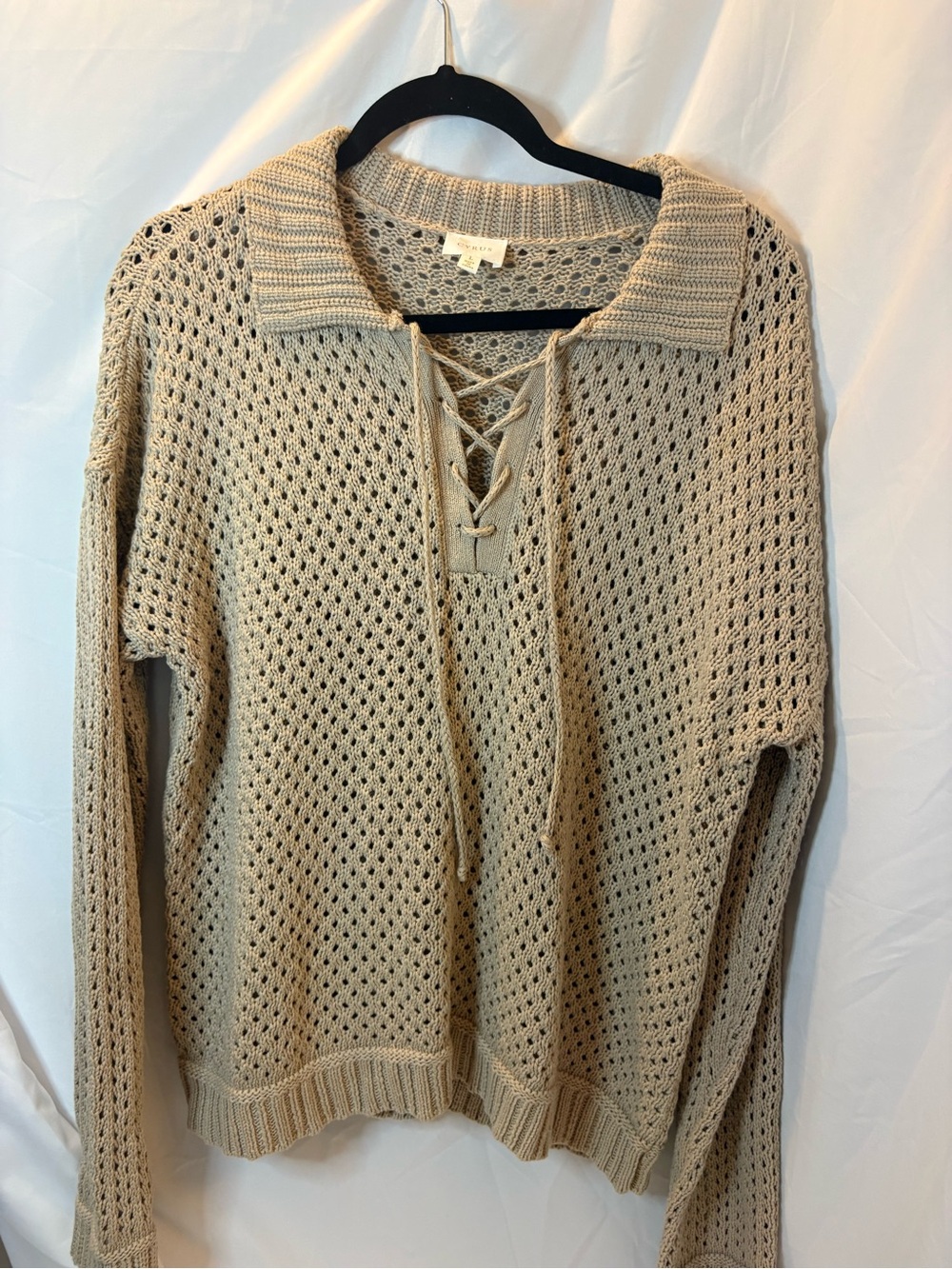 Cyrus Open-Knit Lace-Up V-Neck Sweater - Beige